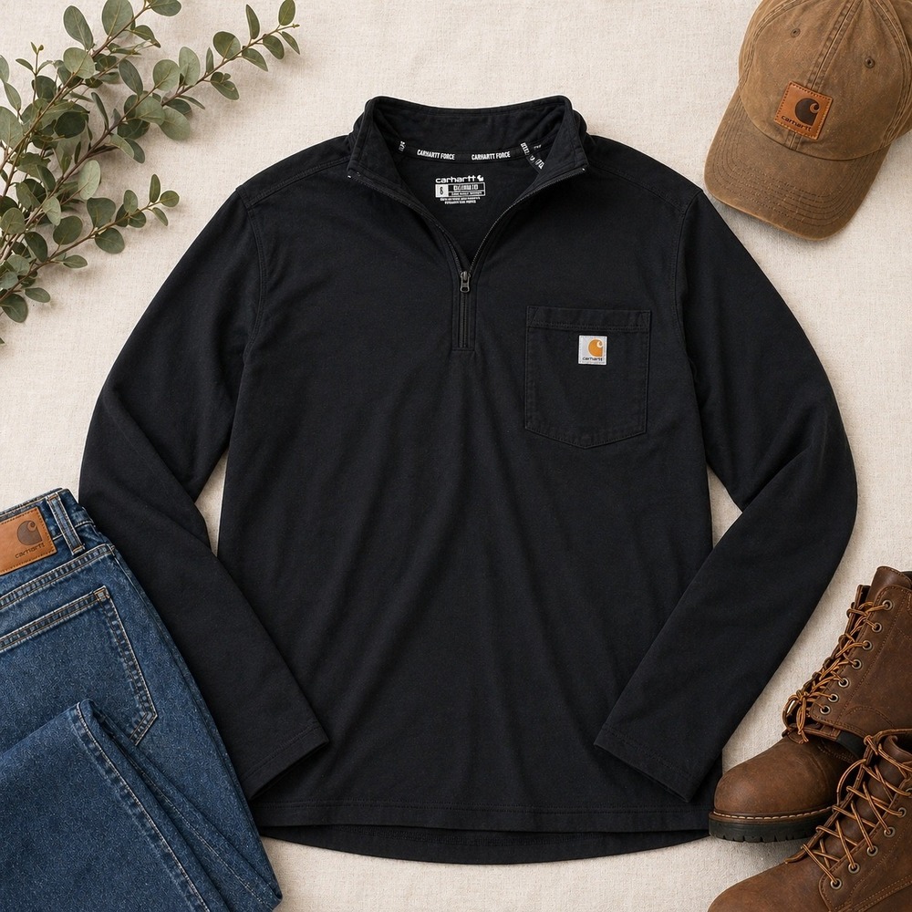 Carhartt Force Mens Black Quarter Zip Pullover Relaxed Fit Pocket Shirt Large